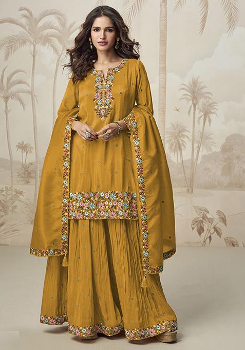 Mustard Embroidered Poly Blend Salwar Kameez With Dupatta