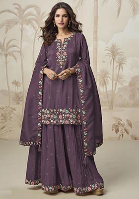 Wine Embroidered Poly Blend Salwar Kameez With Dupatta
