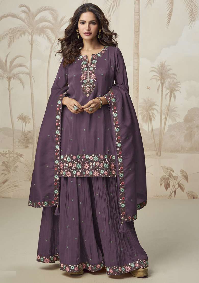 Wine Embroidered Poly Blend Salwar Kameez With Dupatta - Indya
