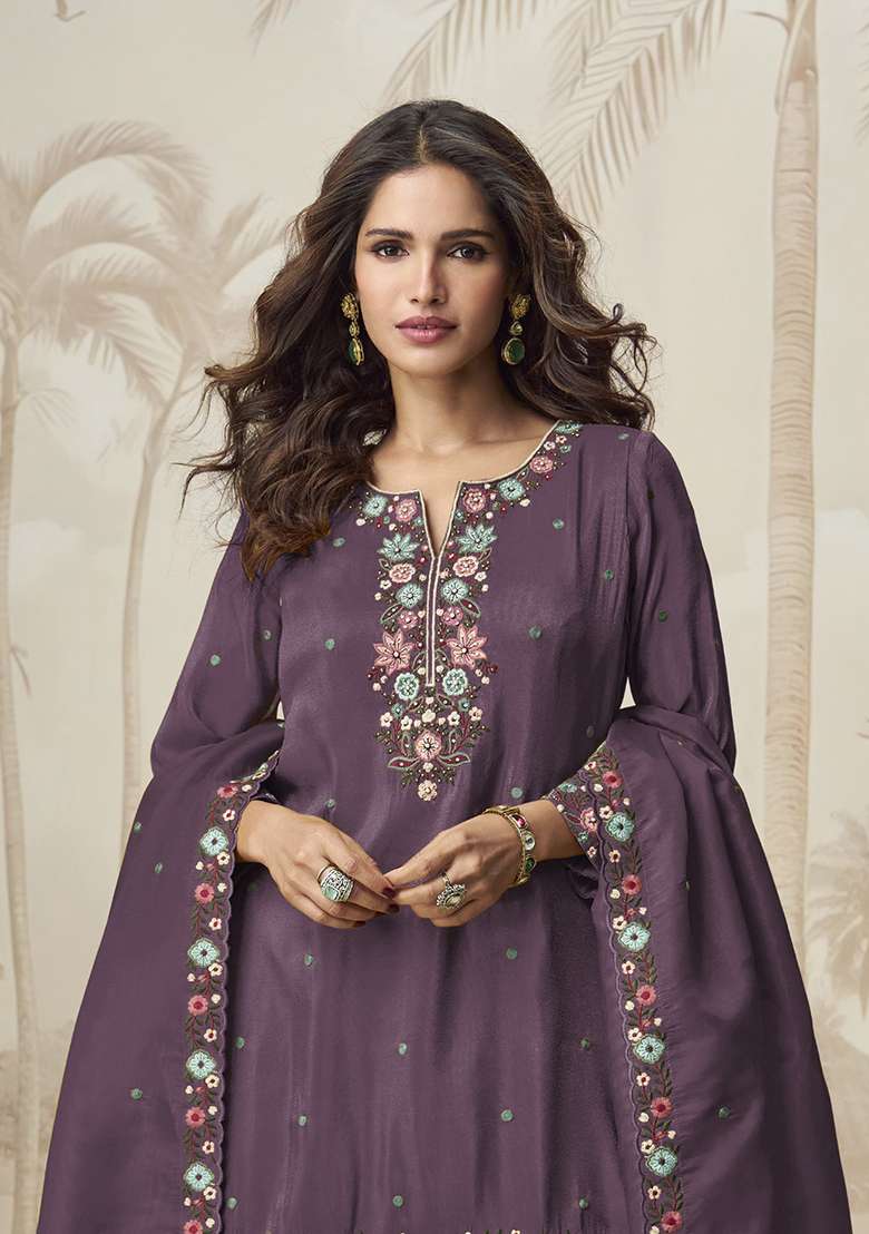 Wine Embroidered Poly Blend Salwar Kameez With Dupatta - Indya