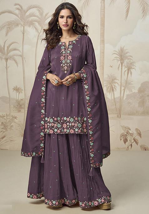 Wine Embroidered Poly Blend Salwar Kameez With Dupatta