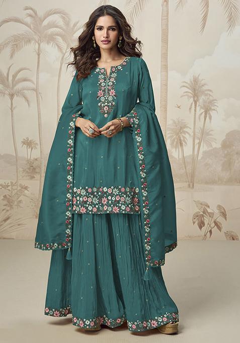 Aqua Green Embroidered Poly Blend Salwar Kameez With Dupatta