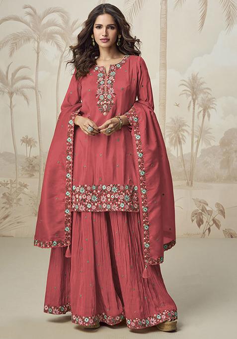 Pink Embroidered Poly Blend Salwar Kameez With Dupatta