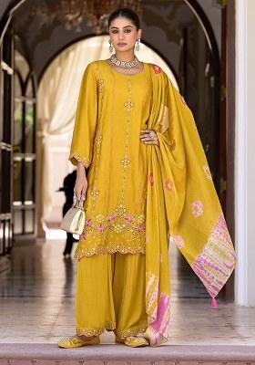 Yellow Embroidered Silk Plazzo Set With Dupatta