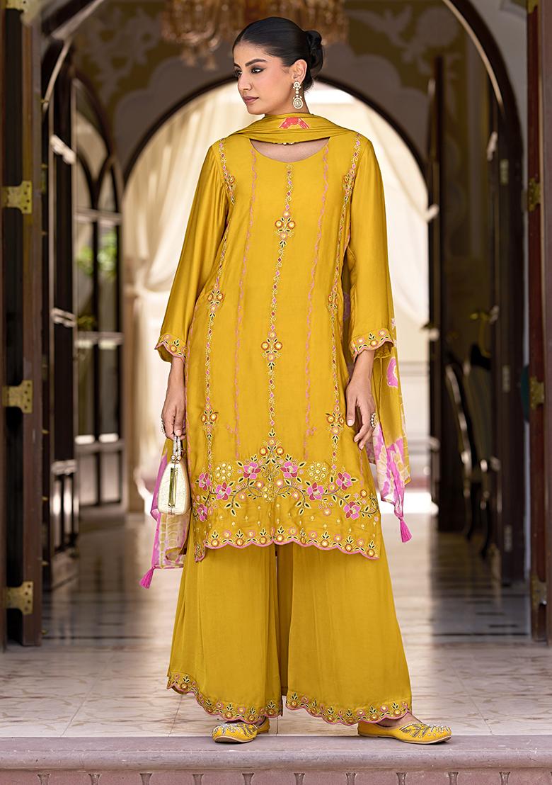 Yellow Embroidered Silk Plazzo Set With Dupatta