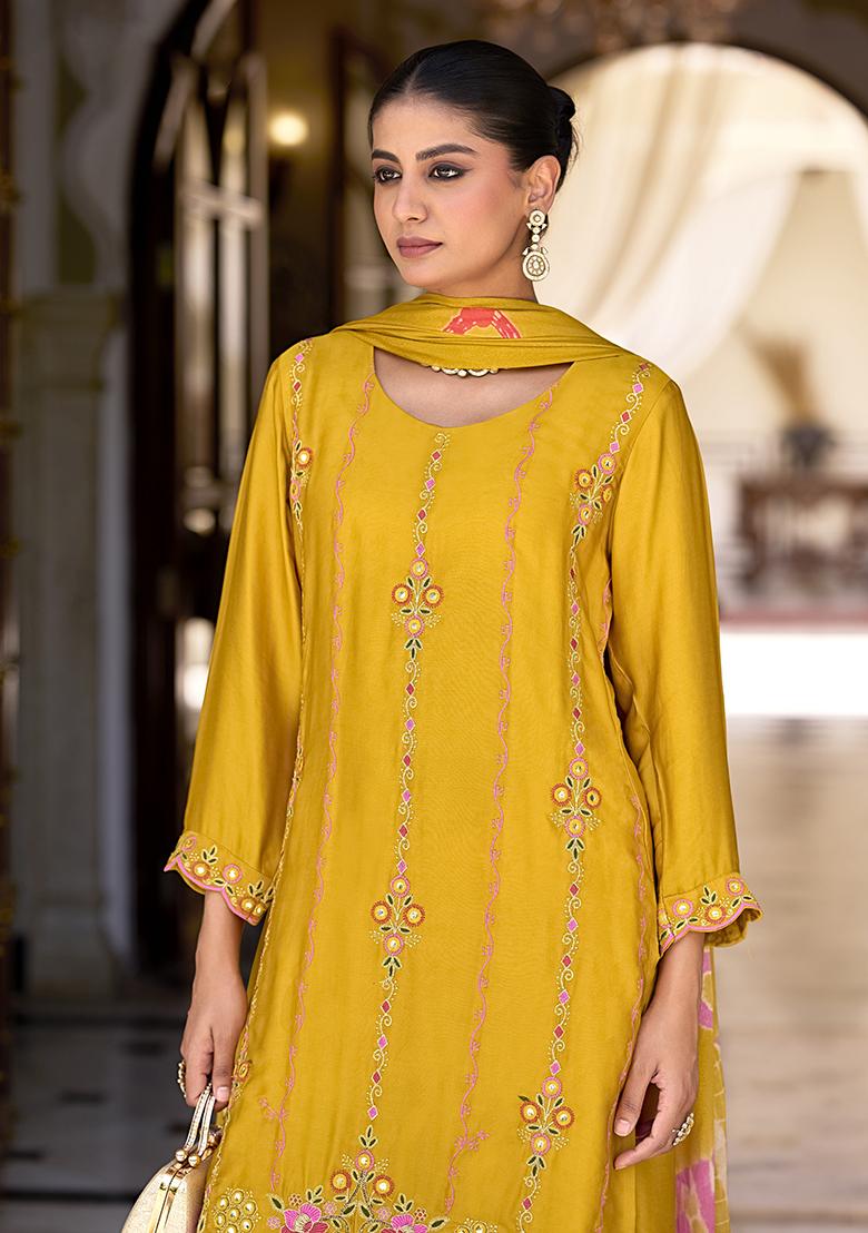 Yellow Embroidered Silk Plazzo Set With Dupatta
