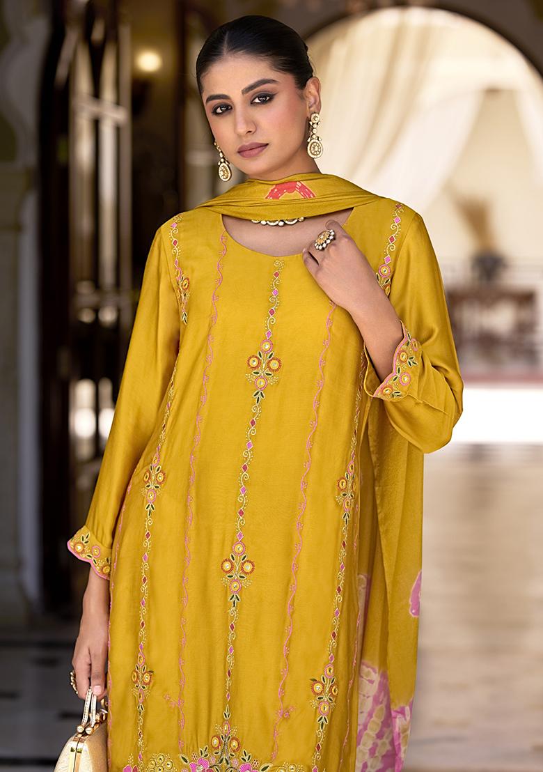 Yellow Embroidered Silk Plazzo Set With Dupatta