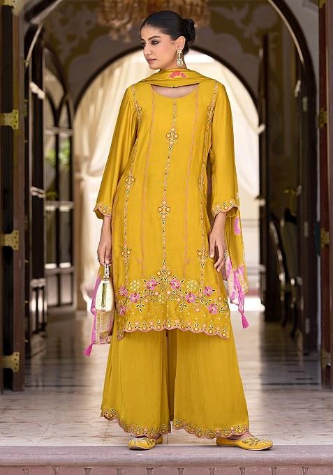 Yellow Embroidered Silk Plazzo Set With Dupatta