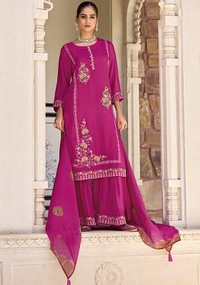 Pink Embroidered Silk Plazzo Set With Dupatta