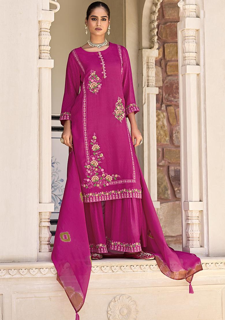 Pink Embroidered Silk Plazzo Set With Dupatta
