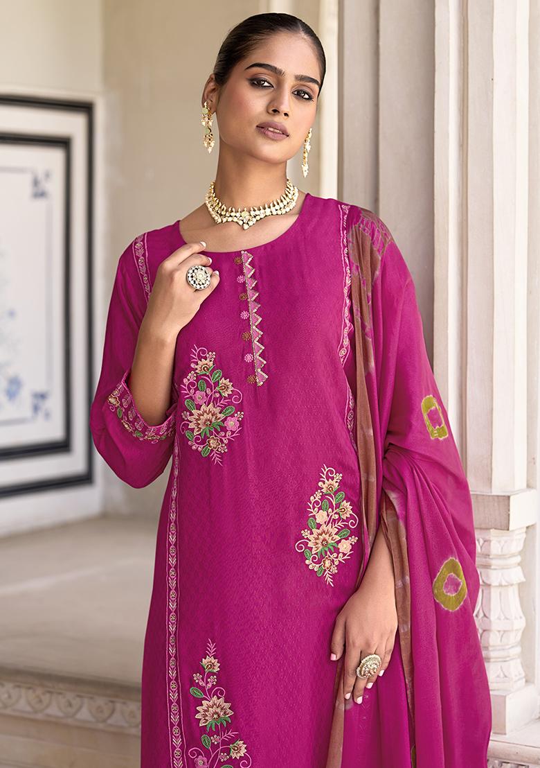 Pink Embroidered Silk Plazzo Set With Dupatta