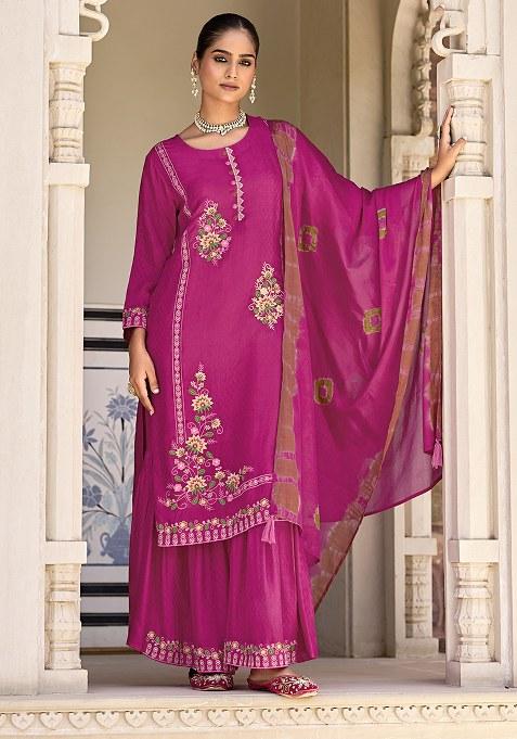 Pink Embroidered Silk Plazzo Set With Dupatta
