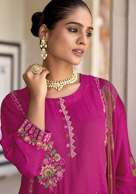 Pink Embroidered Silk Plazzo Set With Dupatta