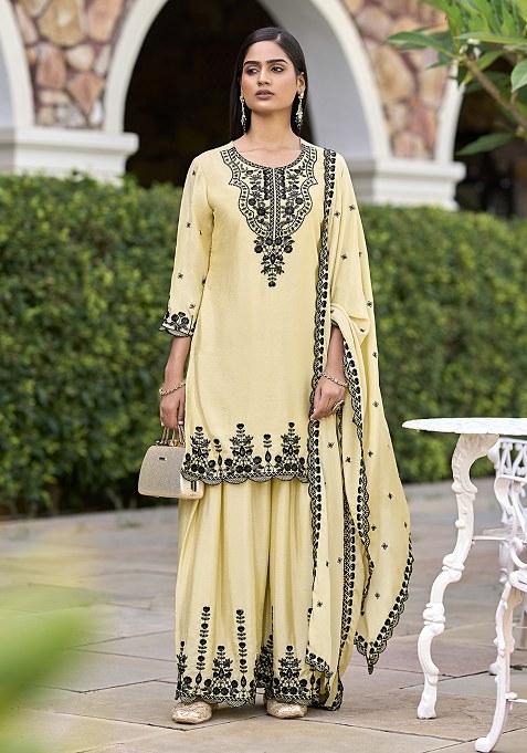 Chiku Embroidered Silk Sharara Set With Dupatta
