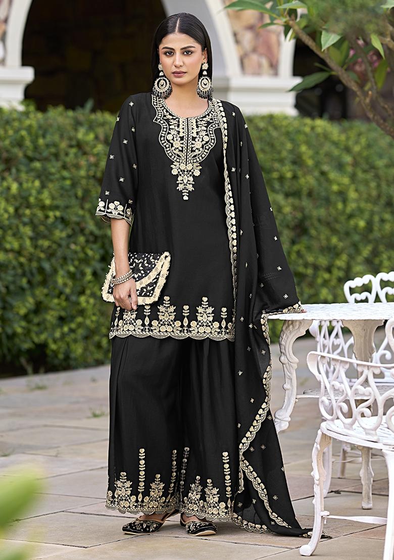 Black Embroidered Silk Sharara Set With Dupatta