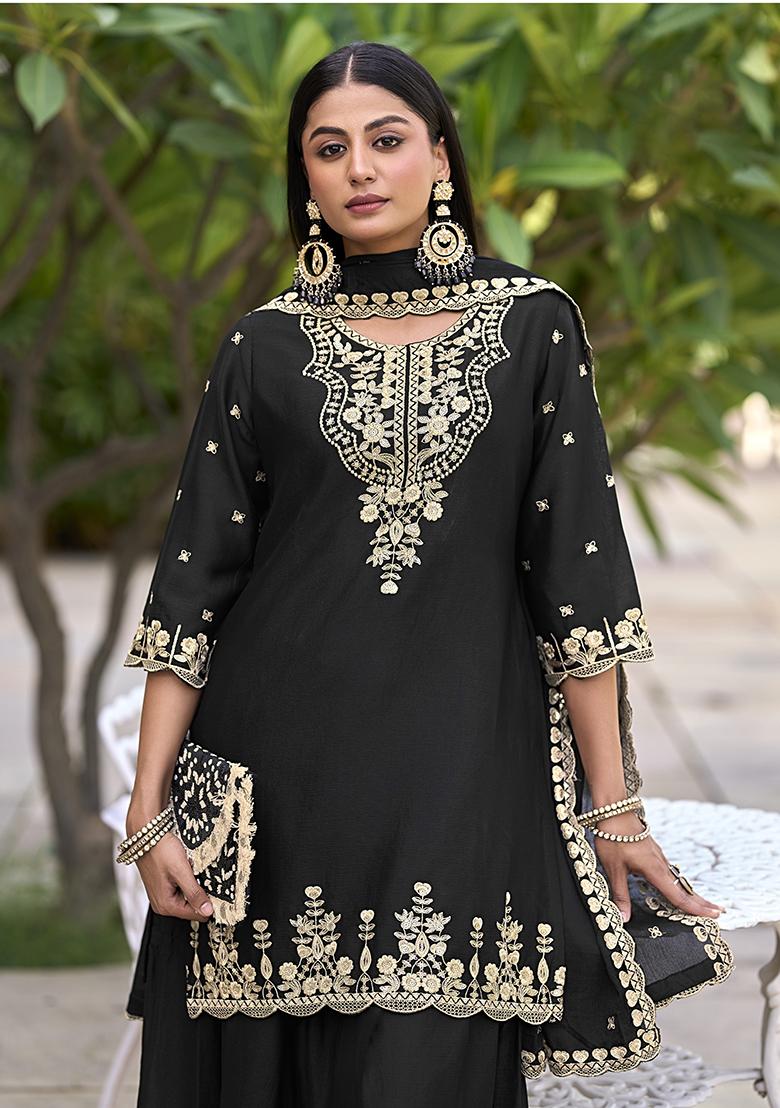 Black Embroidered Silk Sharara Set With Dupatta