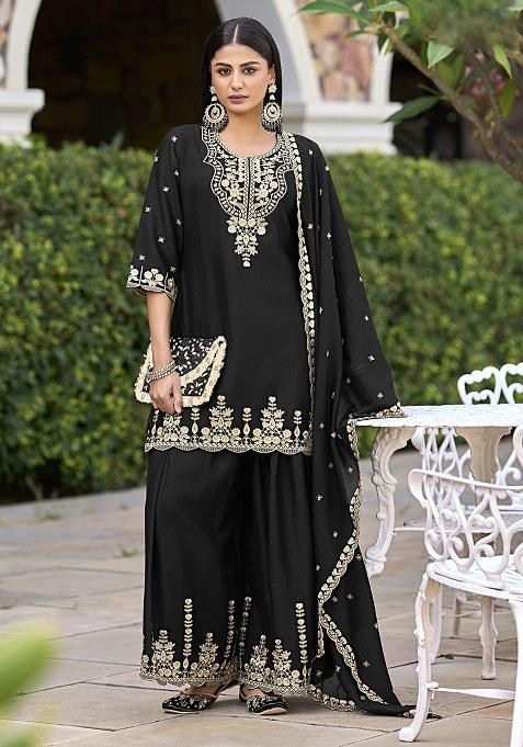 Black Embroidered Silk Sharara Set With Dupatta