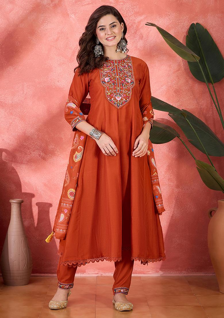 Orange Embroidered Silk Salwar Kameez With Dupatta