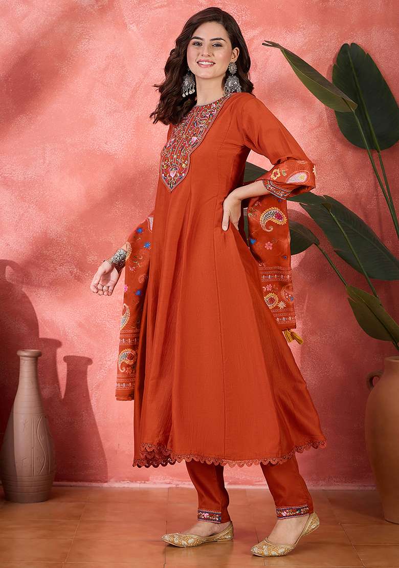 Orange Embroidered Silk A Line Kurta Set - Indya