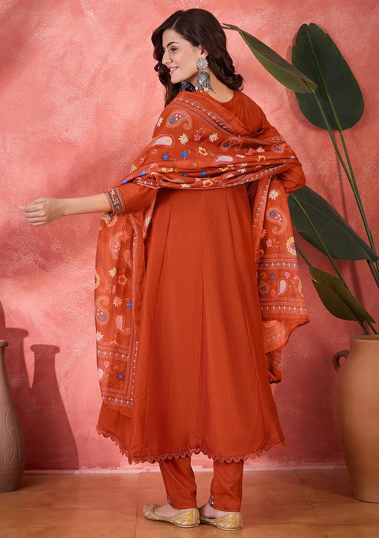 Orange Embroidered Silk Salwar Kameez With Dupatta