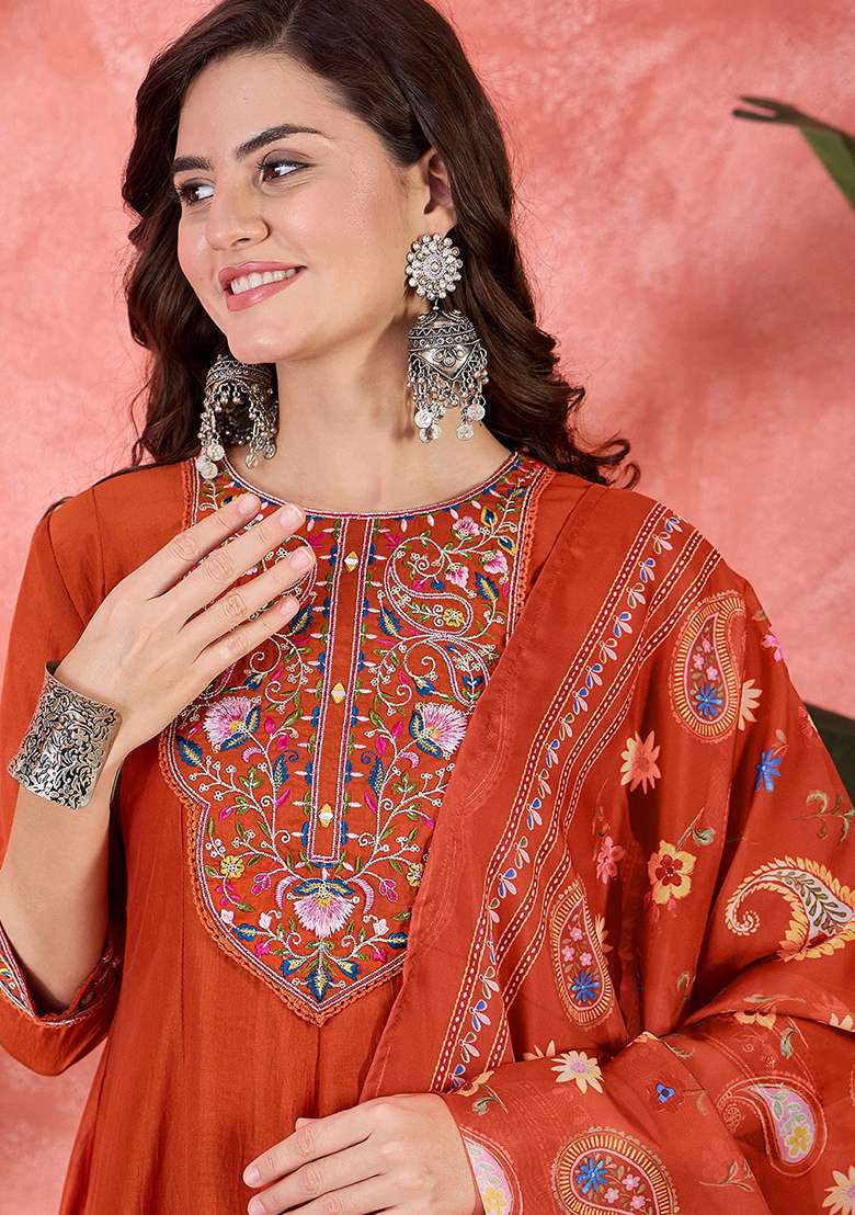 Orange Embroidered Silk A Line Kurta Set - Indya