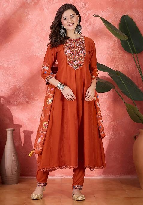 Orange Embroidered Silk Salwar Kameez With Dupatta