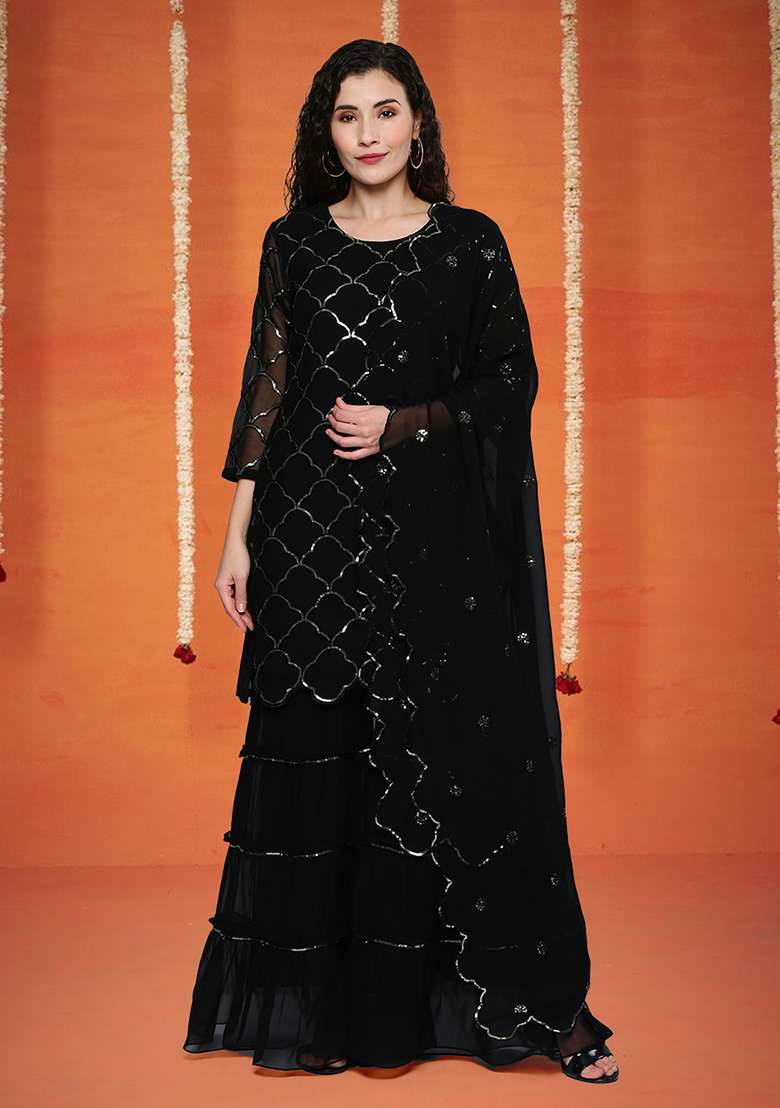 Black Sequin Work Georgette Sharara Set - Indya