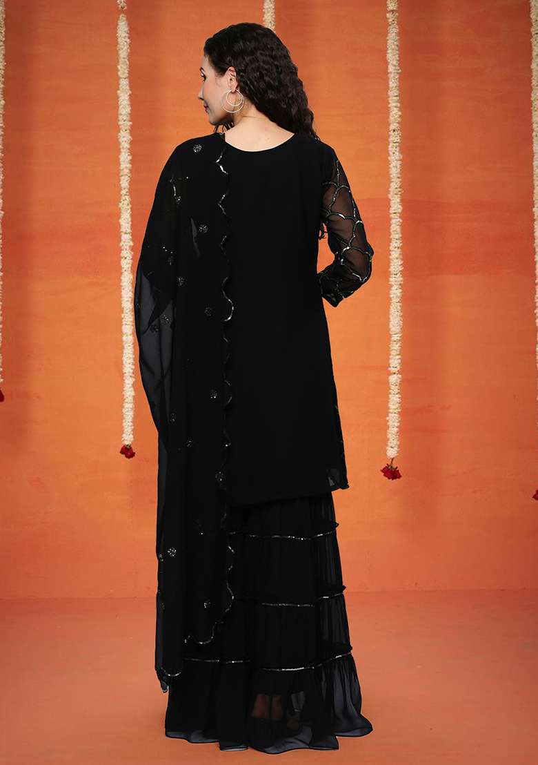 Black Sequin Work Georgette Sharara Set - Indya