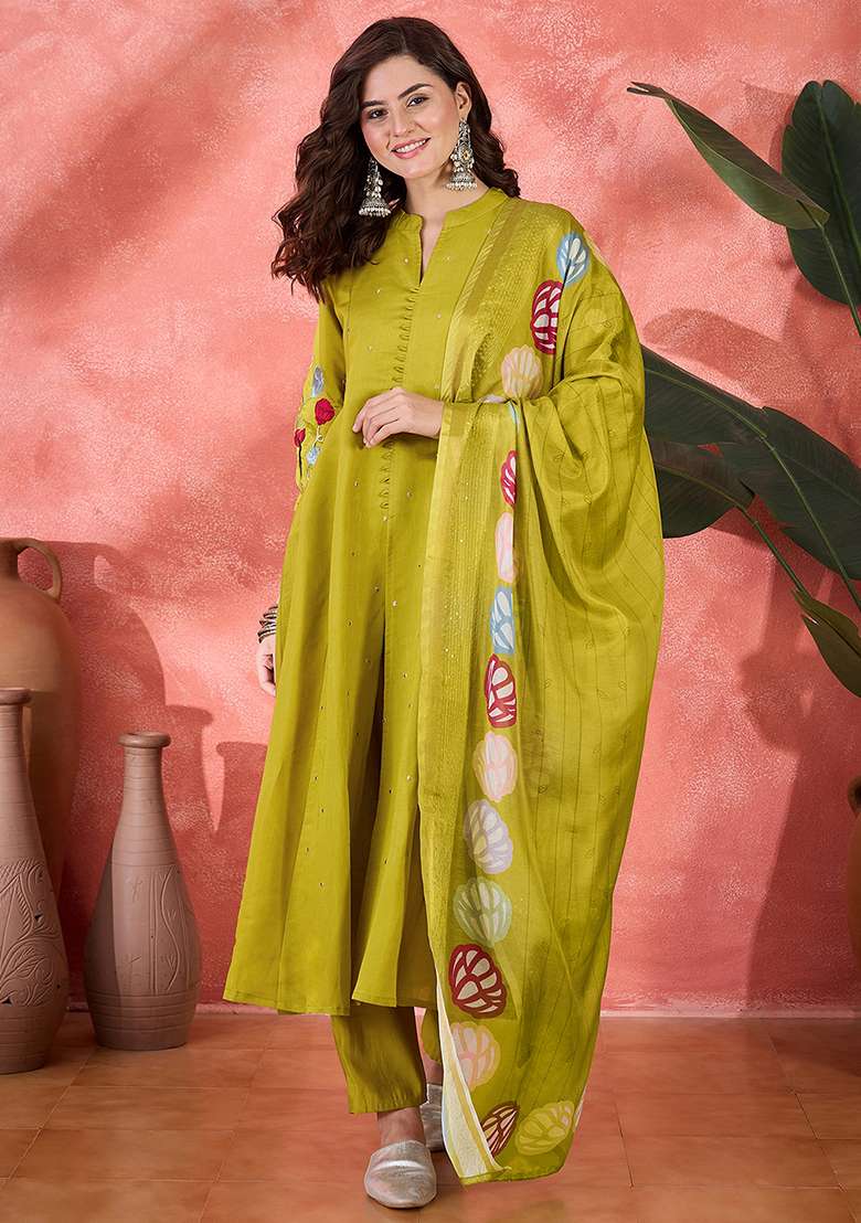 Parrot Green Printed Silk Straight Kurta Set - Indya