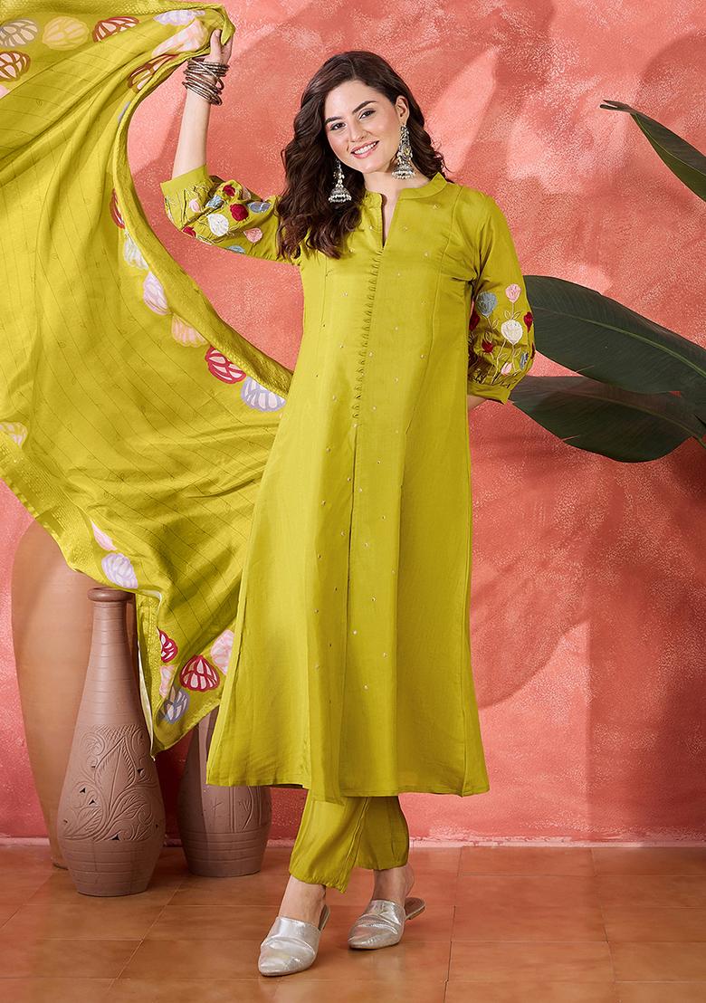 Parrot Green Embroidered Silk Salwar Kameez With Dupatta