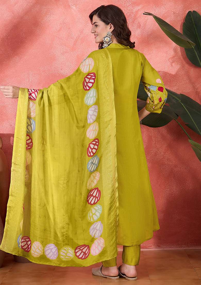 Parrot Green Printed Silk Straight Kurta Set - Indya