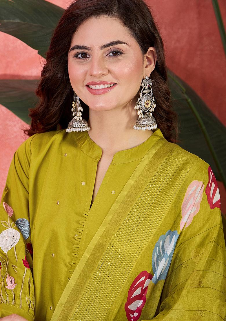 Parrot Green Embroidered Silk Salwar Kameez With Dupatta