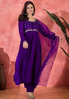 Purple Embroidered Vichitra Salwar Kameez With Dupatta