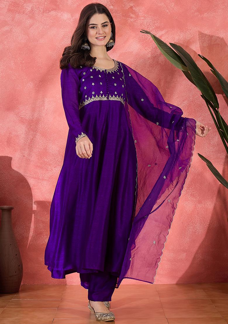 Purple Embroidered Vichitra Salwar Kameez With Dupatta
