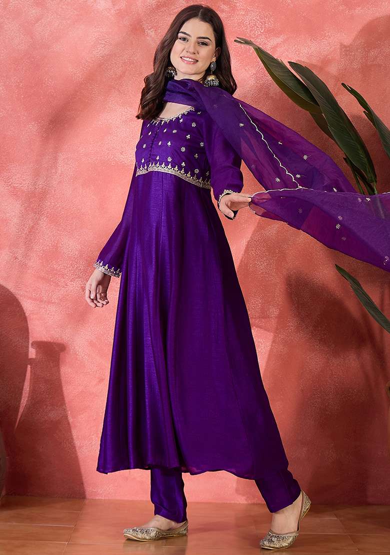 Purple Embroidered Vichitra Anarkali Set - Indya