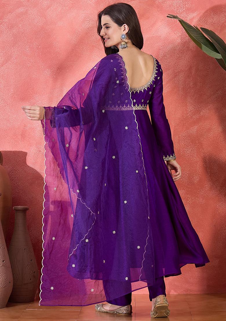 Purple Embroidered Vichitra Salwar Kameez With Dupatta