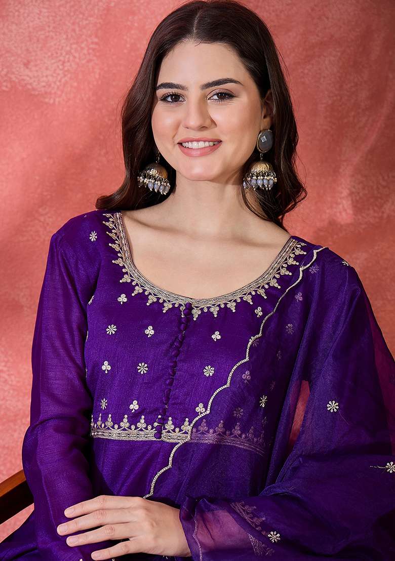 Purple Embroidered Vichitra Anarkali Set - Indya