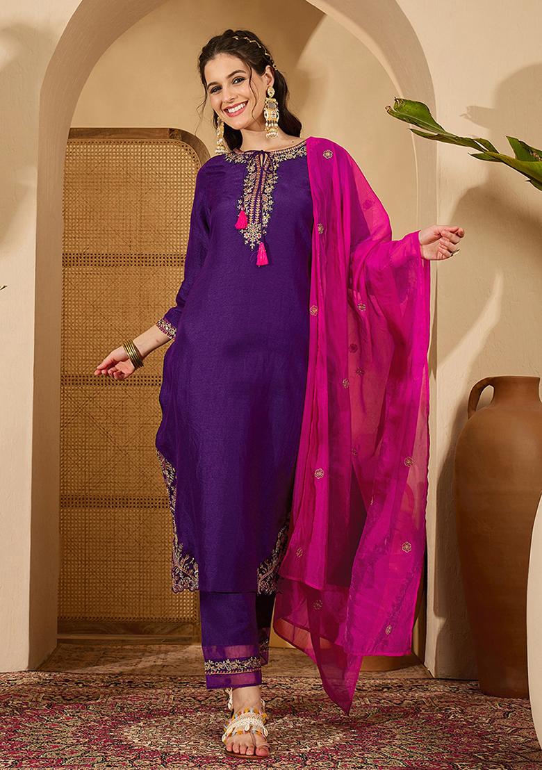 Purple Embroidered Silk Salwar Kameez With Dupatta