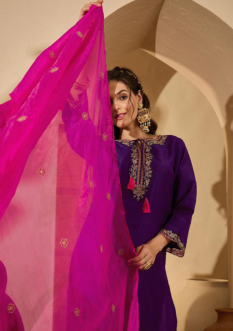 Purple Embroidered Silk Salwar Kameez With Dupatta