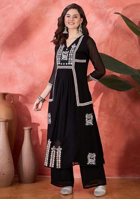 Black Embroidered Poly Blend Salwar Kameez With Dupatta