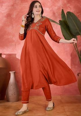 Orange Embroidered Silk Salwar Kameez