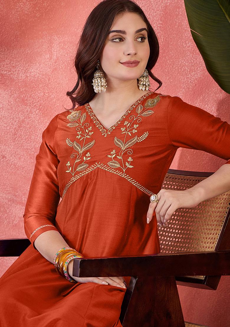 Orange Embroidered Silk Salwar Kameez