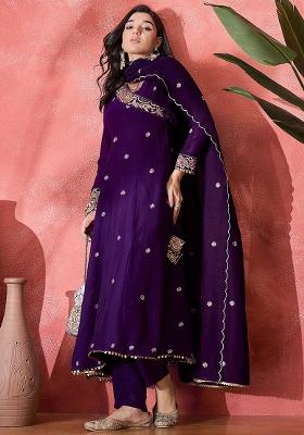 Purple Embroidered Vichitra Salwar Kameez With Dupatta