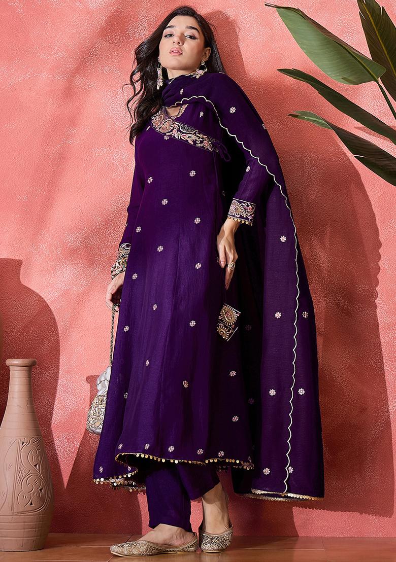 Purple Embroidered Vichitra Salwar Kameez With Dupatta
