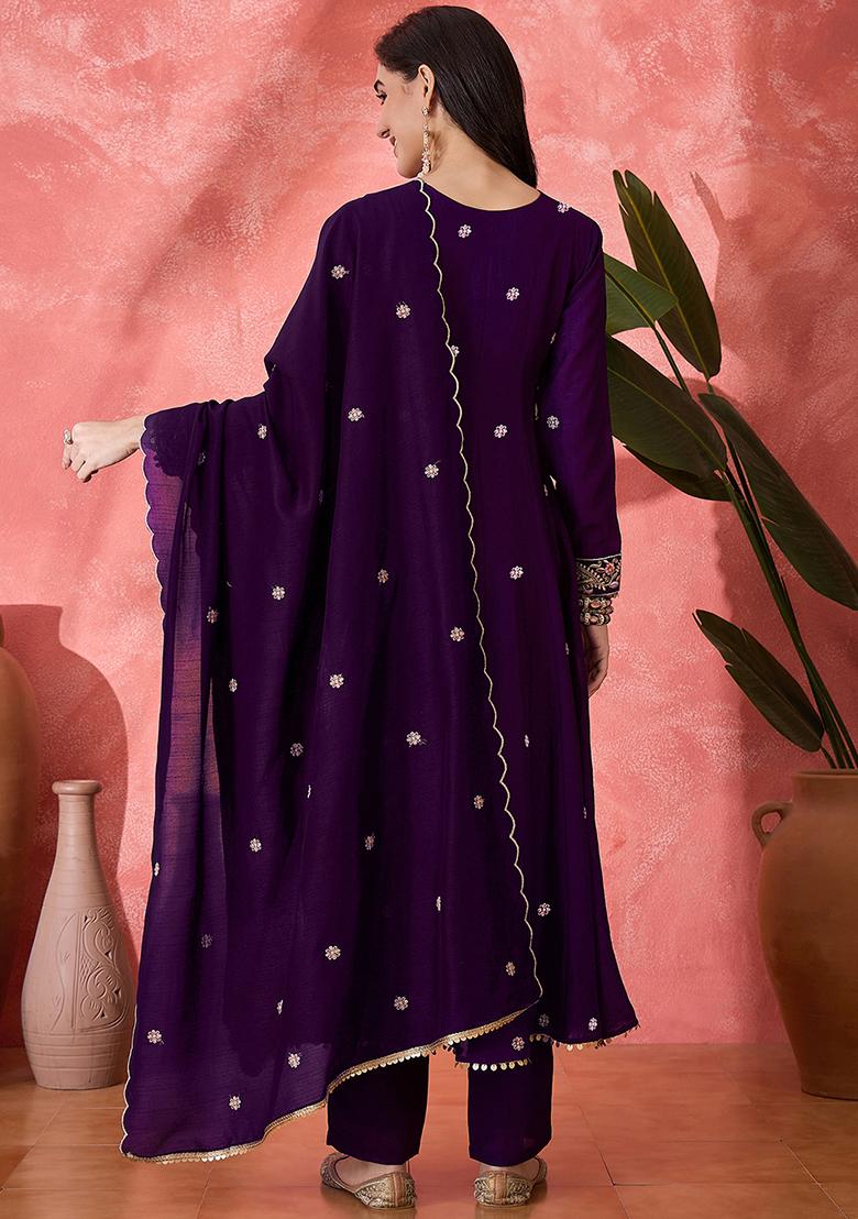 Purple Embroidered Vichitra Salwar Kameez With Dupatta