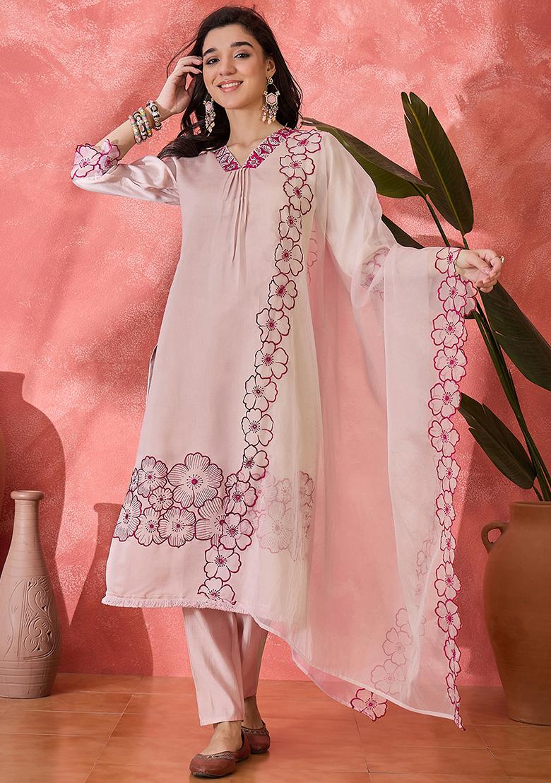 Peach Embroidered Silk Salwar Kameez With Dupatta