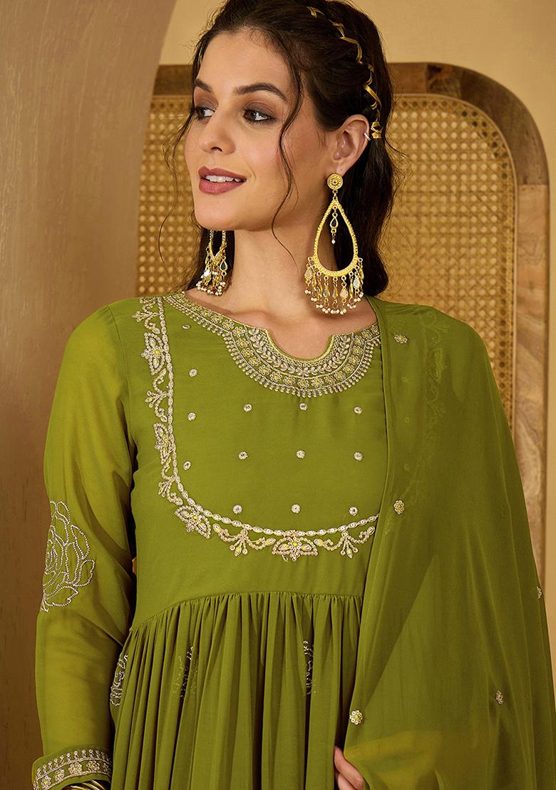 Green Embroidered Georgette Salwar Kameez With Dupatta