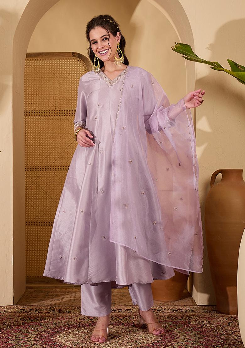 Light Purple Embroidered Silk Salwar Kameez With Dupatta