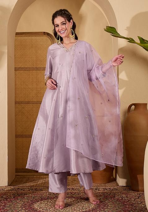 Light Purple Embroidered Silk Salwar Kameez With Dupatta