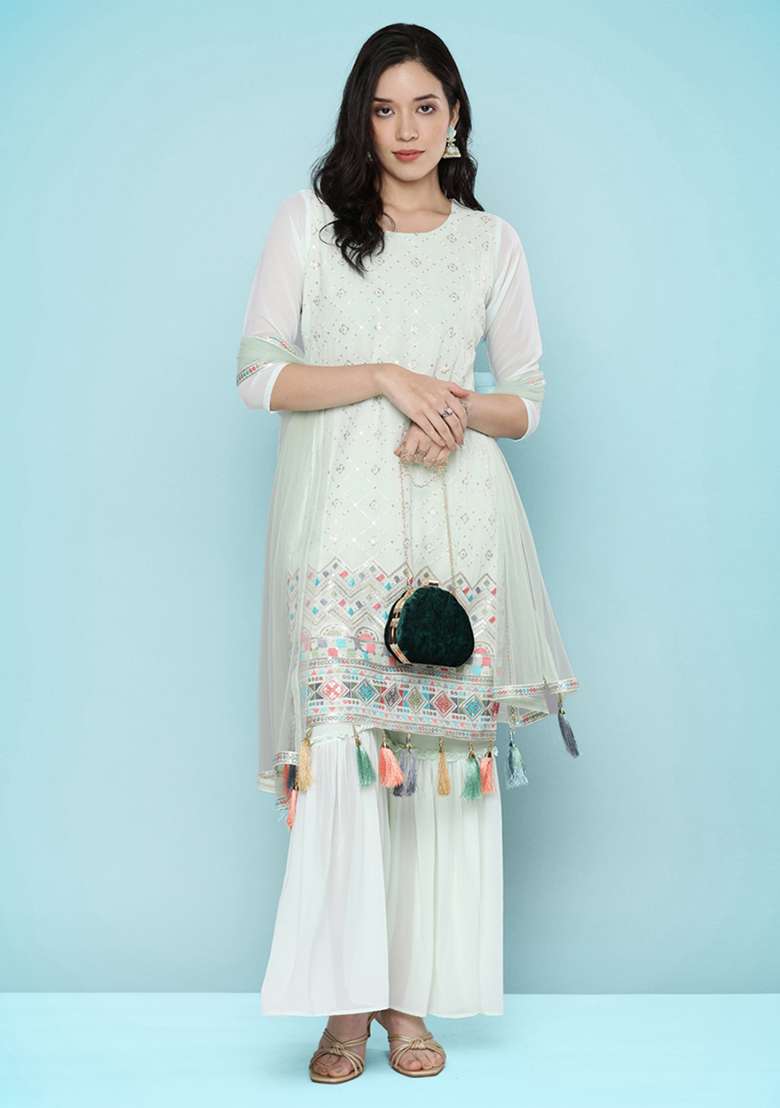 Light Green Embroidered Georgette Sharara Set - Indya